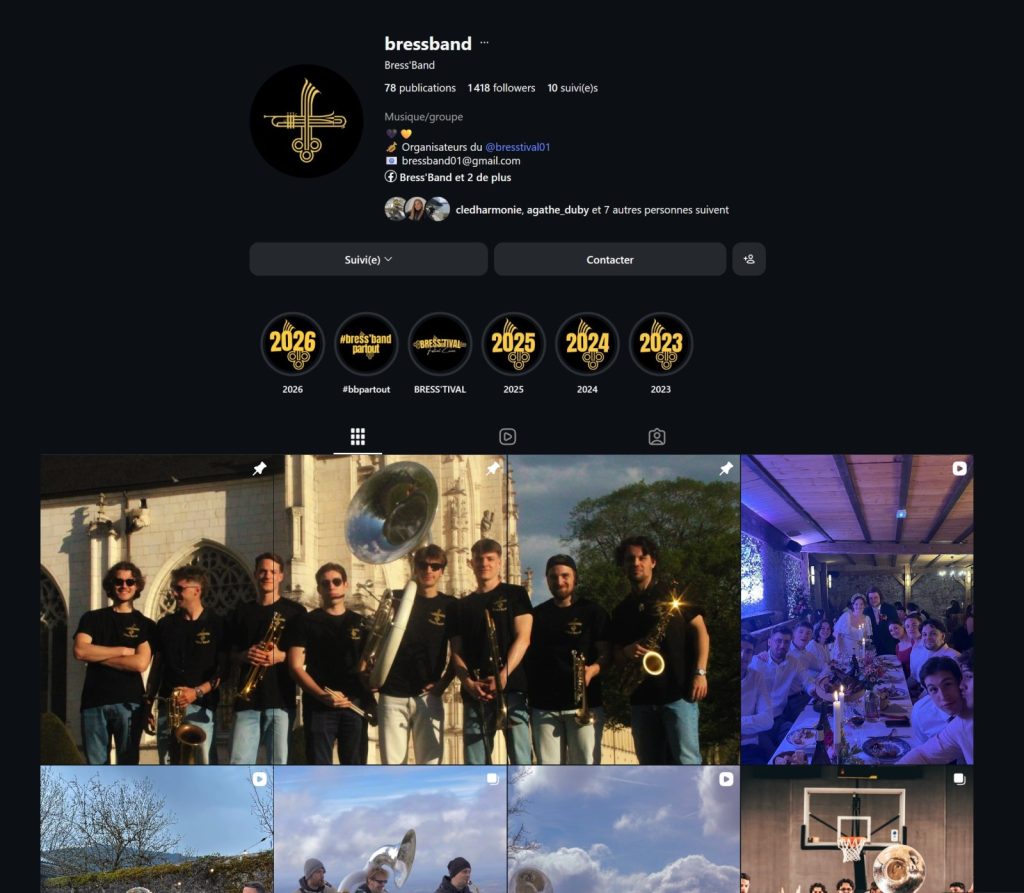 Profil Instagram d'un groupe de musique